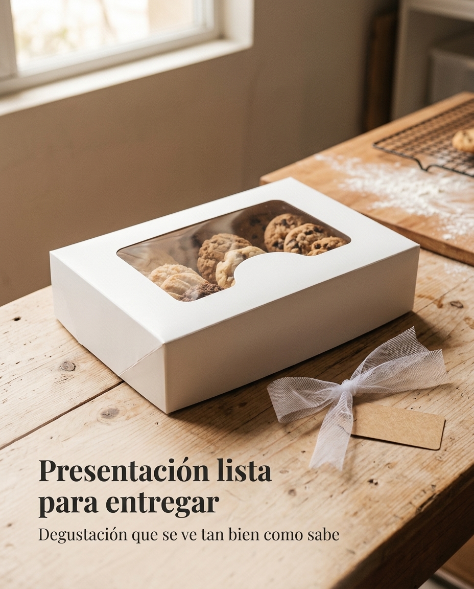 Presentación de petit fours, macarons y cookies en Caja Mumm