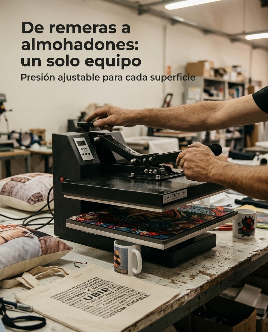 Estampadora 40&times;50 cm trabajando sobre distintos productos sublimables