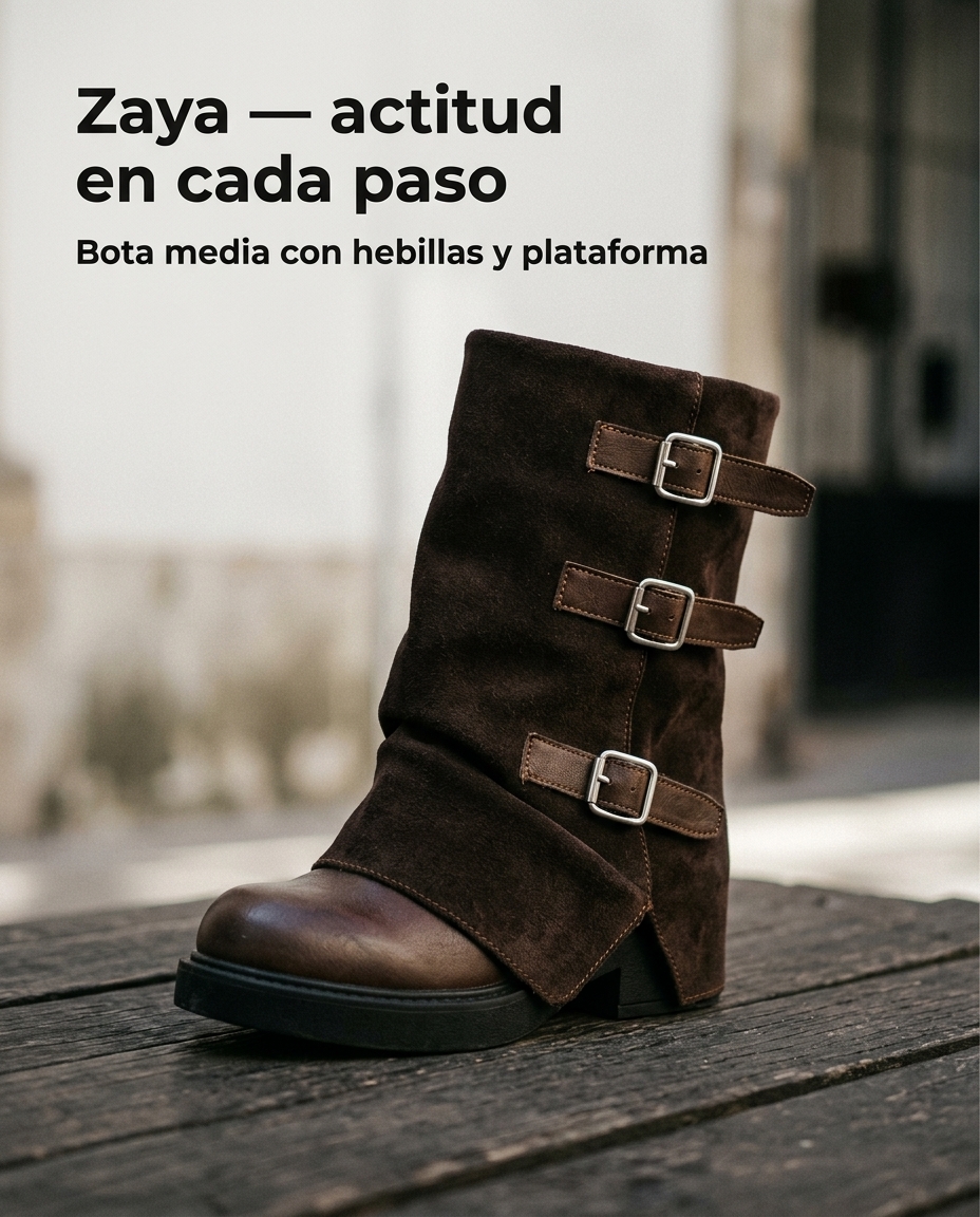Bota Zaya de caña media con plataforma y hebillas