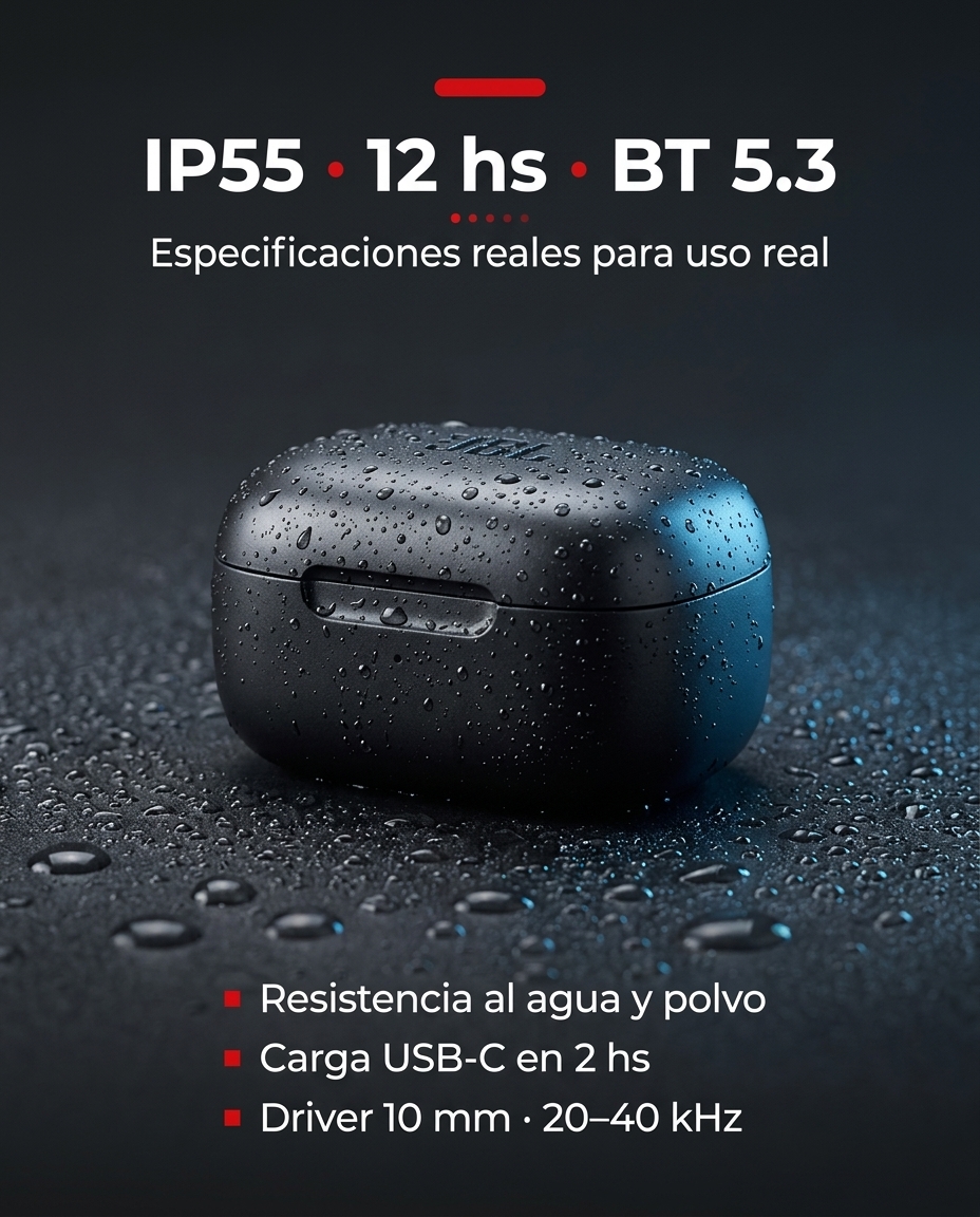 IP55 &middot; 12 hs &middot; Bluetooth 5.3