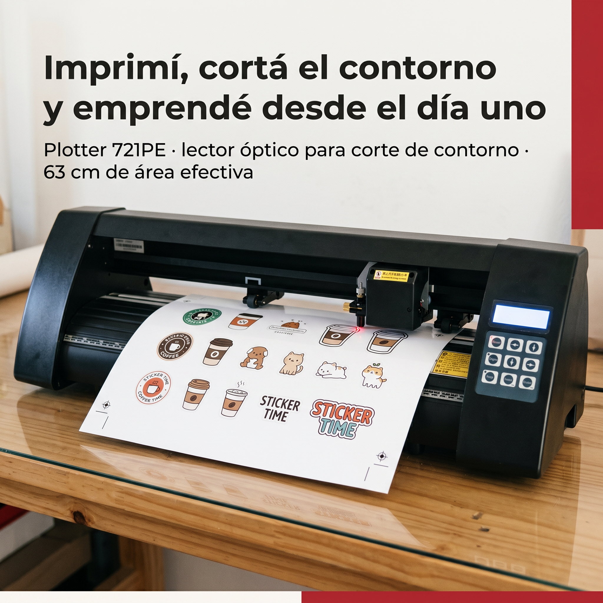 Plotter 721PE cortando stickers impresos sobre mesa de trabajo