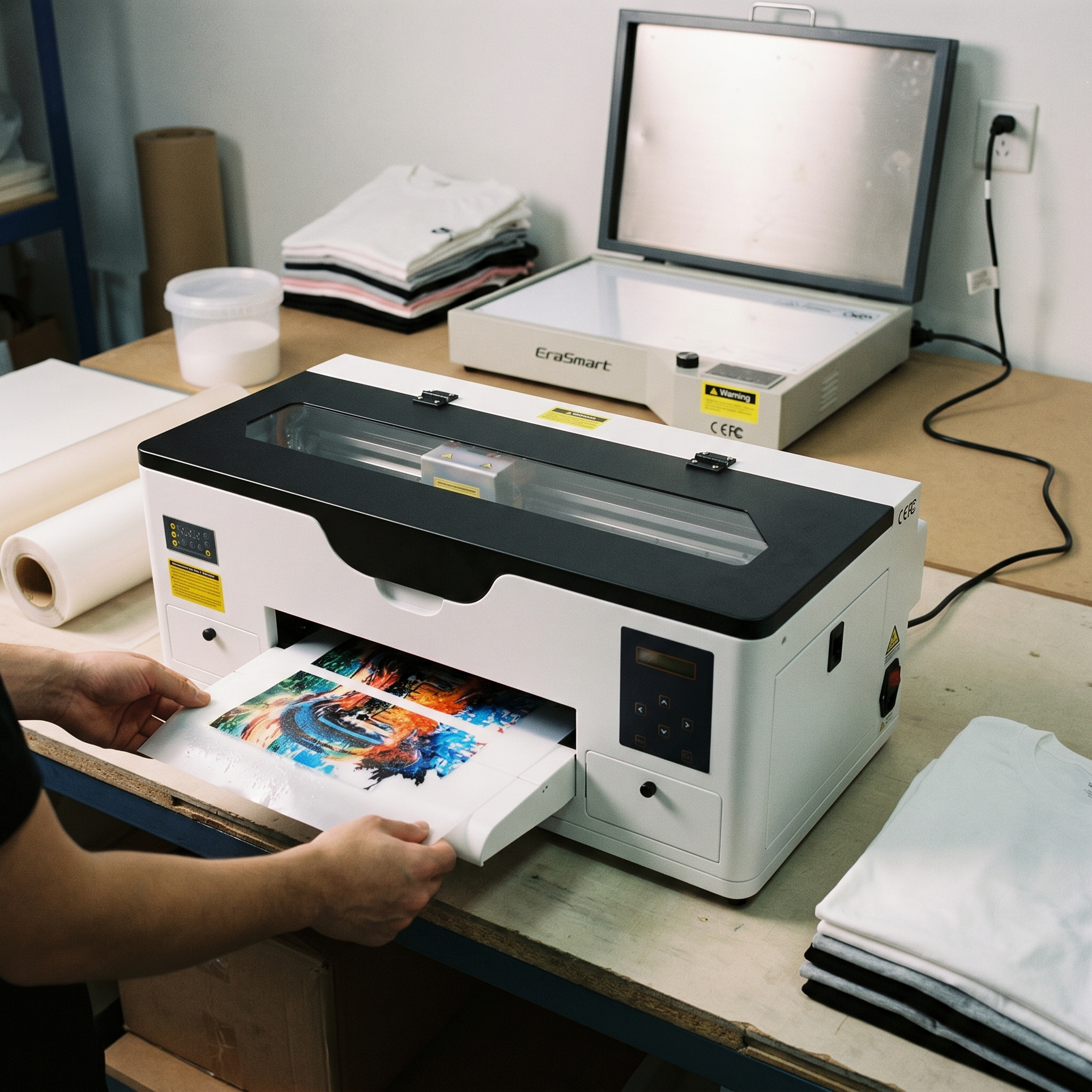 Impresora DTF y horno A2 trabajando en taller